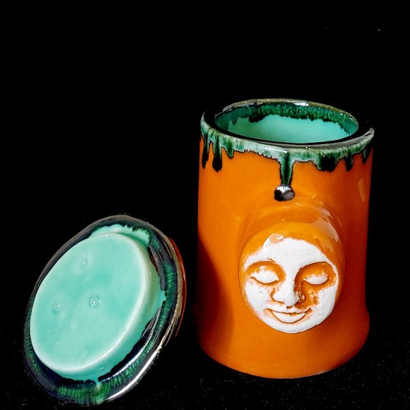 Handmade Small Ceramic Moon Face Stash Jar, Tigerlily Orange - Picture 6 of 9